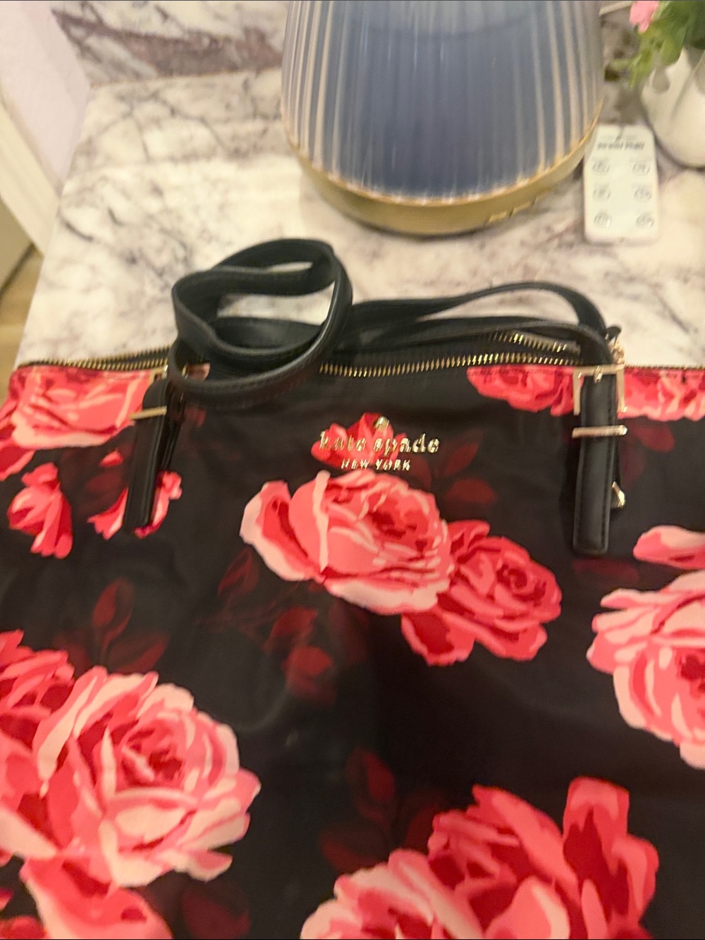 kate spade Black Tote with Pink & Red Rose Print